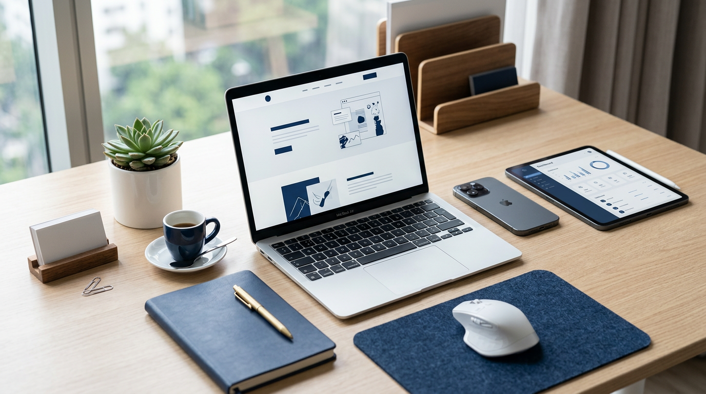 ノートパソコンとスマートフォンが並ぶプロフェッショナルなデスク環境